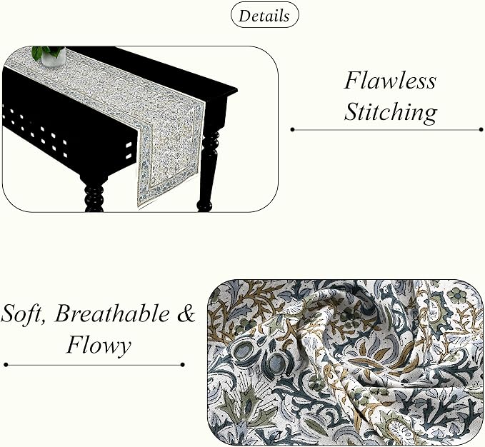 Indigo Floral Hand Block Print 100% Cotton Reusable Table Runner 16" X 90" - Image 3