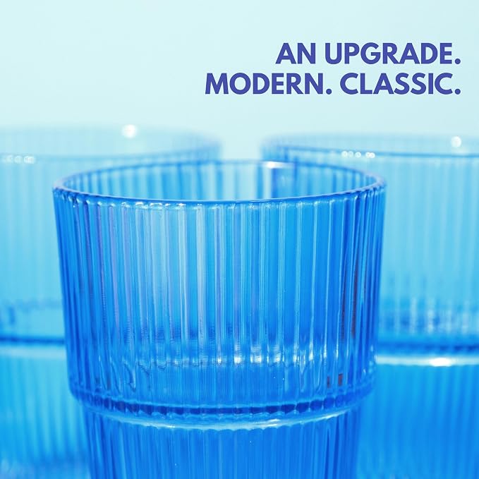 Blue Ribbed Drinking Glasses, 14 fl oz Glass Cups Set of 4 | Aesthetic Style - Image 5
