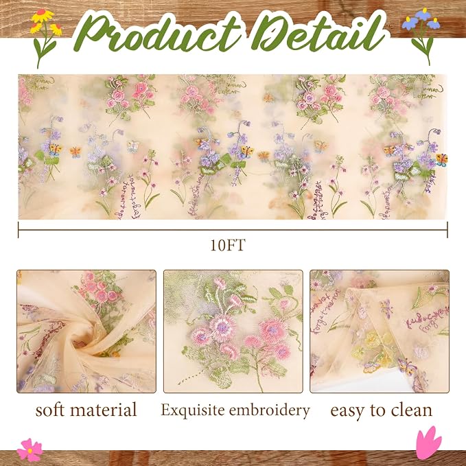 Champagne Floral Table Runner 10ft Embroidery Tulle Spring Wildflower Table - Image 2