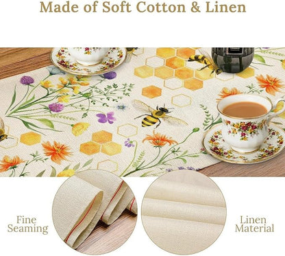 Summer Bee Table Runner, Seasonal Spring Wildflowers Bee Yellow Honeycombs - Image 5