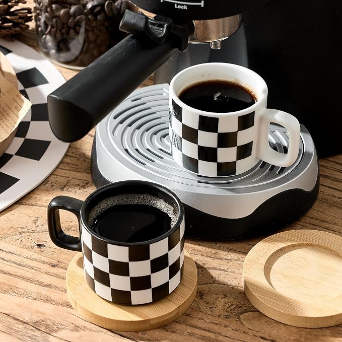 LUKA Ceramic Stackable Black and White Checkered Espresso Cups - Image 6