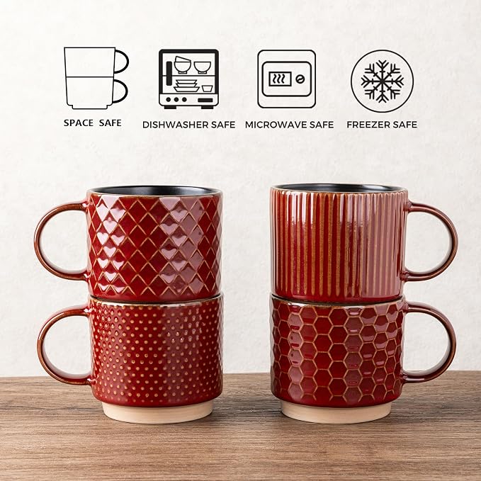 GBhome 12 OZ Stackable Coffee Mugs Set of 4, Ceramic Coffee Cups Set | 4 - Image 6