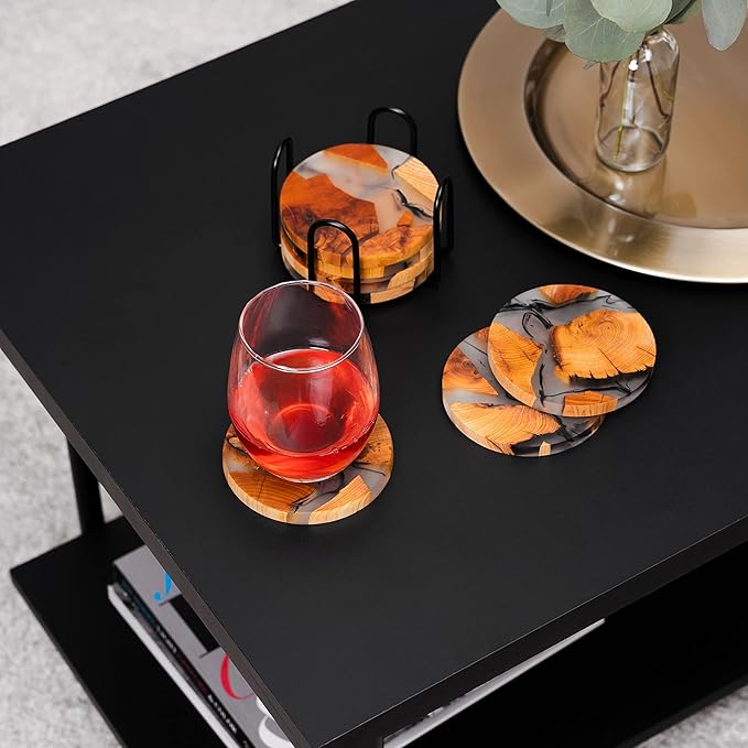 Drink Coaster Set, Wooden Absorbent Coasters, Epoxy Resin Coaster for Coffee Table, Tabletop Protection Decor, Set of 6 With Holder