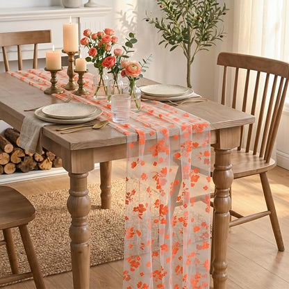 Artoid Mode Orange Gauze Flocking Flowers Table Runner 10FT, Fall Sheer Dining - Image 4
