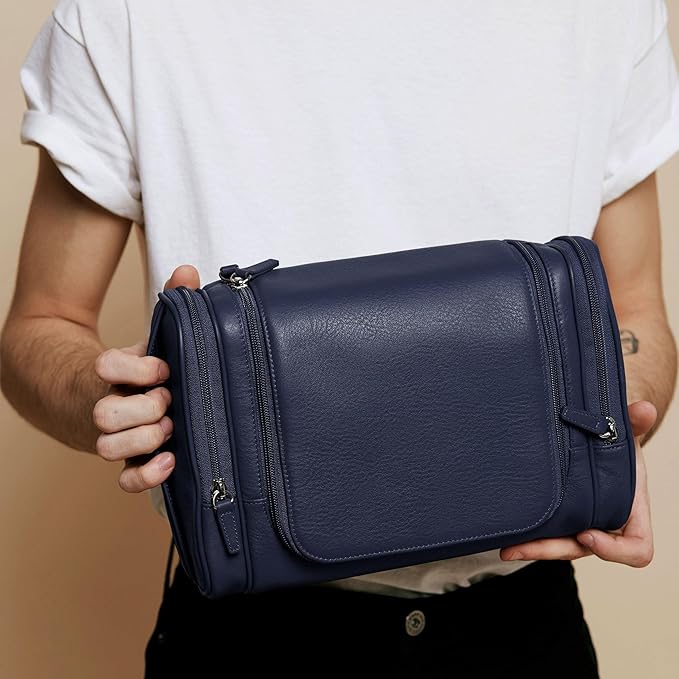 Leatherology Navy Blue Hanging Toiletry Kit – Full Grain Leather Travel Organizer with Hanger and Multiple Storage Compartments