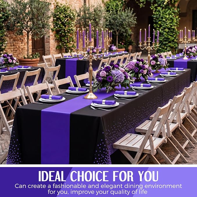 8 Pack Black and Purple Disposable Plastic Tablecloths and Satin Table Runner - Image 7
