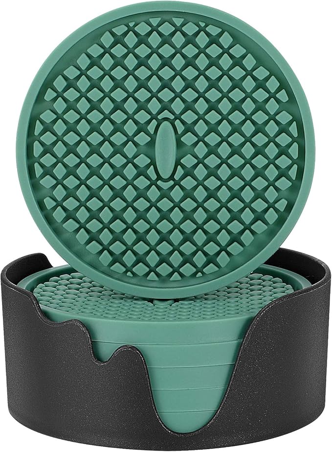 ME.FAN Silicone Coasters [6 Pack] Thickened Drink Coasters with Holder - Cup Mat - Non-Slip, Non-stick, Stay Put, Deep Tray - Prevents Furniture and Tabletop Damages(Teal Blue)