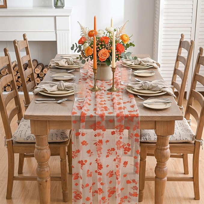 Artoid Mode Caramel Gauze Flocking Flowers Table Runner 10FT, Fall Sheer Dining - Image 2