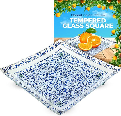 GAC Florentine Tempered Glass Square Serving Tray with Ball Legs – Chip Resistant, Oven & Microwave Friendly - Ideal Present – Clear Glass Square Plate for Appetizers & Desserts – Blue, 10-Inch