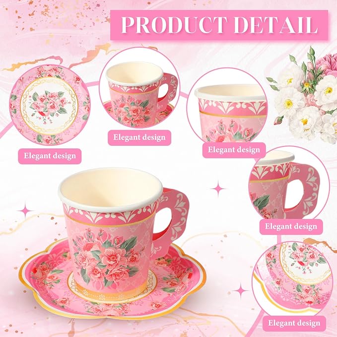Nuogo 300 Pcs Floral Paper Tea Cups and Saucers 7 OZ Disposable Cups - Image 4