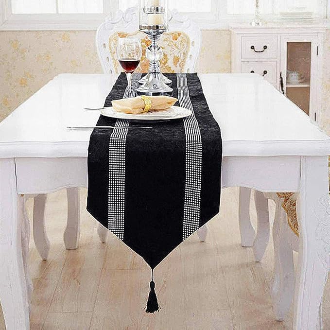 Elegant Bling Rhinestone Black Table Runner, Ombre Velvet, Double-Layer by Jiino