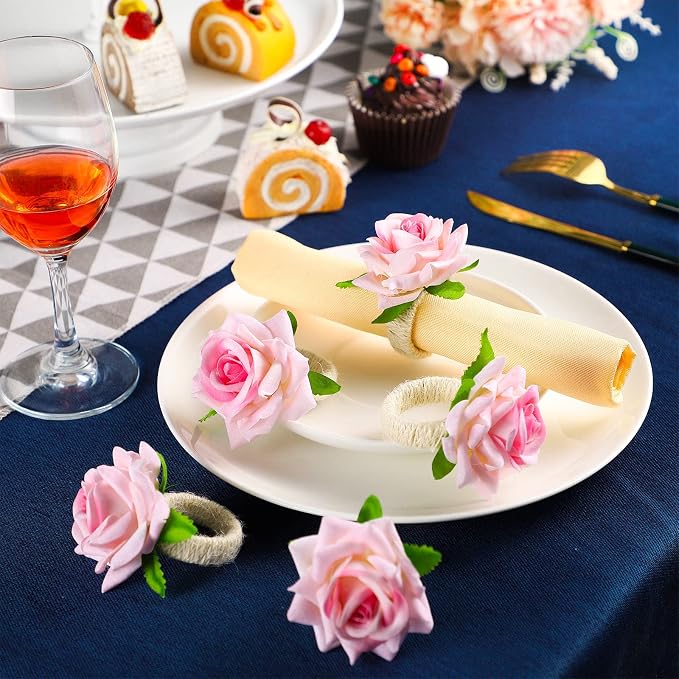 Chengu 12 Pcs Pink Floral Napkin Rings Summer Handcraft Flower Napkin Rings - Image 2