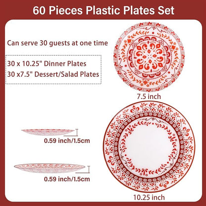Red Plastic Plates, Floral Disposable Plates, 10.25" dinner & 7.5" dessert - Image 4