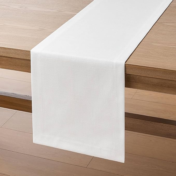 Linen Textured Border Table Runner, 14 x 60 Inch White | Mitered Corner Design - Image 7