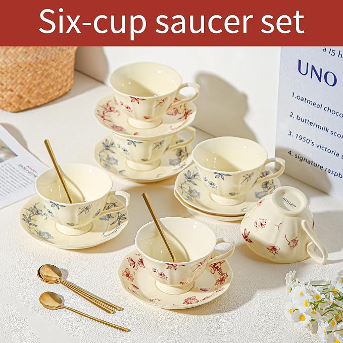 Vintage Fancy Porcelain Tea Cups and Saucers Set of 6, 8 oz China Ceramic - Image 3