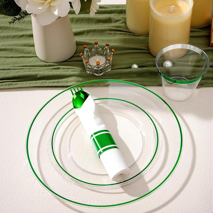 SUT 175 Pcs Green and Clear Plastic Dinnerware Set - Image 6