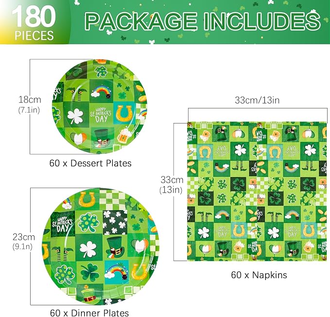 180Pcs St Patricks Day Party Supplies Paper Plates and Napkins Serve 60 | - Image 2