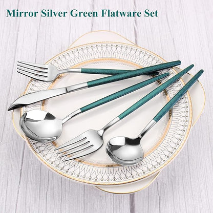 VANVRO Mirror Silver Green Silverware Set, 20-Piece Stainless Steel Flatware Set - Image 3