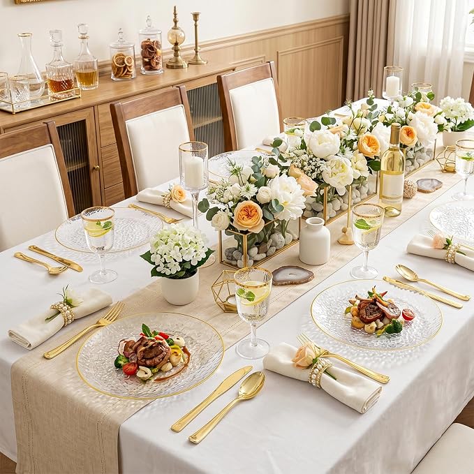 Rubtlamp 100 Pcs Gold Plastic Plates, 10 inch Clear Gold Dinner Plates - Image 8
