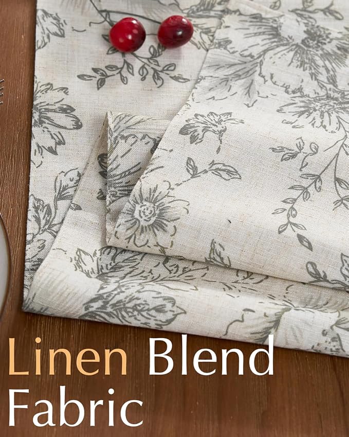jinchan Grey Floral Linen Table Runner 13 x 108 Inch Farmhouse | Understated - Image 4