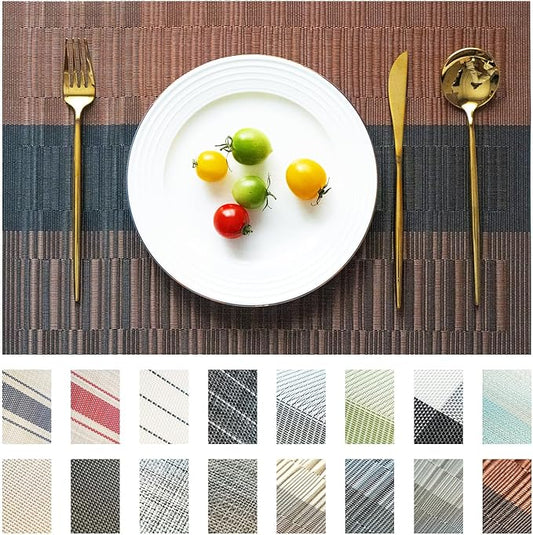 Placemats Set of 6 Vinyl/Plastic Woven Place Mats for Kitchen Table Indoor/Outdoor Washable Placemat Wipeable Dining Table Mats (Ombre Brown Black,6)
