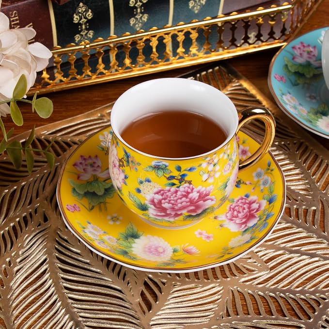 KAMMAK Tea Cup and Saucer, Ceramic Coffee Cups, 7.1 oz, Afternoon Tea and - Image 3
