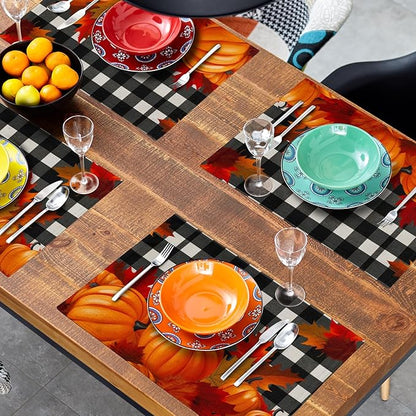 Pumpkins Placemats Set of 4 - Fall Buffalo Plaid Place Mats 12x18 Inch Autumn Farmhouse Pumpkin Table Mats for Kitchen Dining Room Thanksgiving Holiday Party
