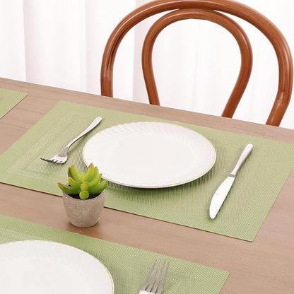 SHACOS Woven Vinyl Placemats Set of 4 Wipe Clean Place Mats Non Slip Reversible Dining Table Mats Indoor Outdoor (4, Frame Olive Green)