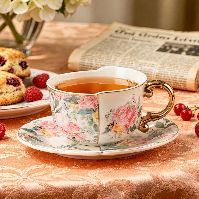 KAMMAK Tea Cups and Saucers Set of 2, Fine Bone China Coffee Cups, YX011 | - Image 4