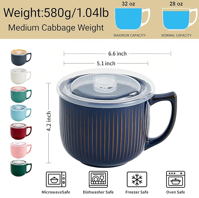 Ceramic Soup Bowl with Handle & Lid, 32oz Microwave Ramen Bowl Vintage Blue | - Image 3