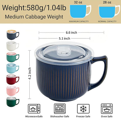 Ceramic Soup Bowl with Handle & Lid, 32oz Microwave Ramen Bowl Set of 2 | - Image 3