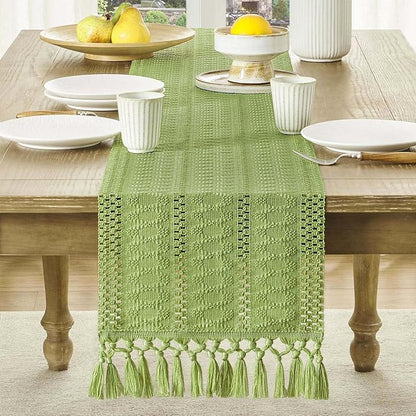 Macrame Style Boho Table Runner, 12x90 Inch Green | Woven Boho Table Runner - Image 2