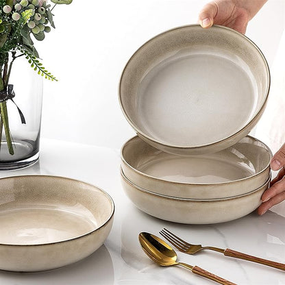 GBHOME 8.75'' Large Ceramic Pasta Bowls, 38oz Stoneware Pasta Serving Bowls Set of 4 for Kitchen, Wide Bowls for Fruit,Pasta,Salad,Oatmeal,Meal, Microwave Safe, Reactive Glaze-Cappuccino