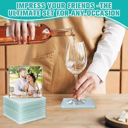 LemonRoad 12 Pcs Sublimation Blank Glass Coasters, 3.9 Inch Square DIY Photo Glass Drink Coasters with Foot Pads for Mugs, Cups, Dining Tables, Office, Kitchen, Home and Parties