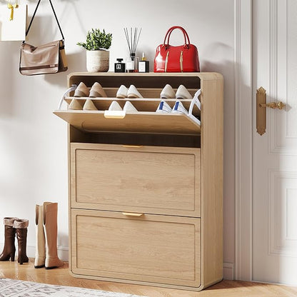 Narrow Hidden Shoe Organizer Cabinet Storage for Entryway, Modern Slim and Skinny Shoe Rack Cabinet with Flip Drawers for Entrance, Hallway - Natural