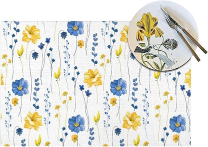 Navy Blue Yellow Flower Placemats Set of 4 12"x18", Watercolor Floral Decorative Table Mats for Kitchen Dining Table Spring Summer Place Mats Heat Resistant Washable