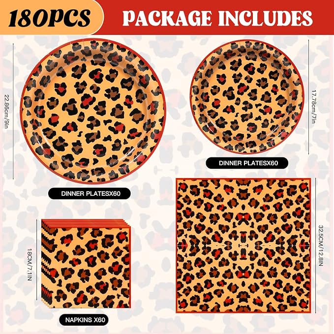 180pcs Red Cheetah Print Plates and Napkins Party Supplies, Serves 60 | - Image 2