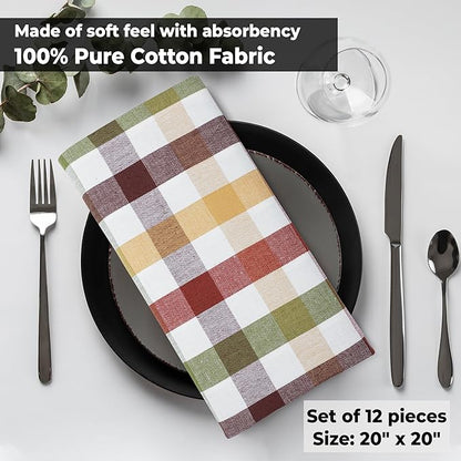 Urban Villa Cloth Napkins Harvest Checks Dinner Napkins Set of 12 20X20 100% Cotton Absorbent Washable Durable Reusable Cloth Napkins Ideal for Farmhouse Party Thanksgiving Harvest Fall Dinner Napkins