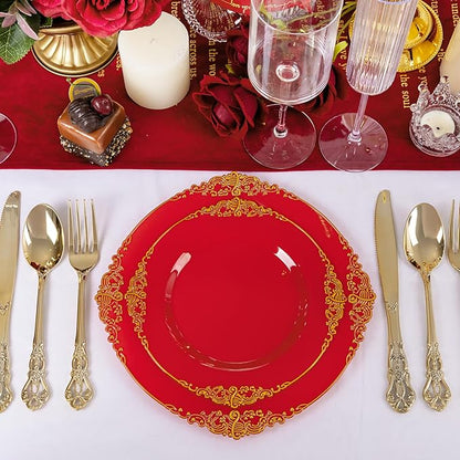 102PCS Red and Gold Plastic Plates - Red Plates Disposable - Vintage Plastic Plate with Gold Rim Include 51PCS Dessert & 51PCS Dinner Plate Perfect for Weddings & Party & Valentine's Day