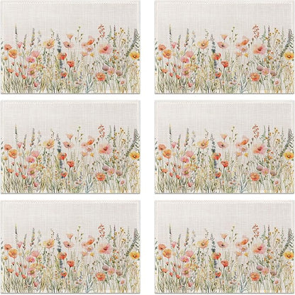 Placemats, Wild Flowers Herbs Botanical Placemats 12x18 Inch Waterproof Non-Slip Washable Table Mats for Kitchen Dining Party Table Decor,Set of 6