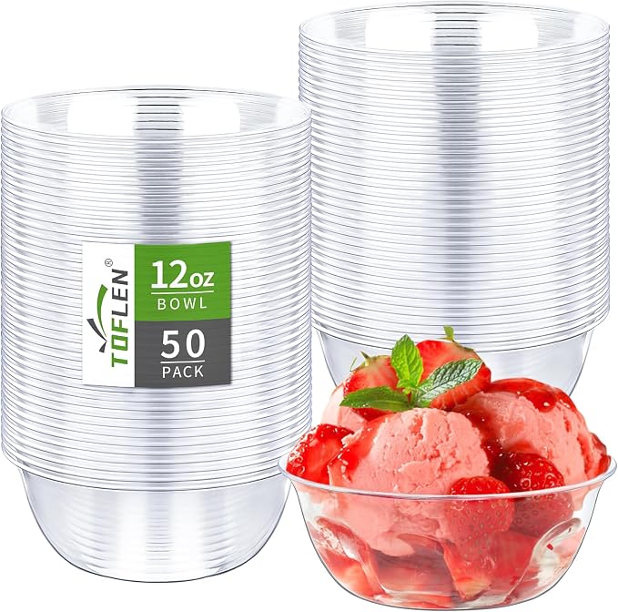 TOFLEN 12 oz Clear Plastic Bowls, 50 Pack | Disposable, Hard Plastic Serving by Toflen