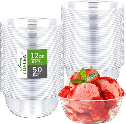 TOFLEN 12 oz Clear Plastic Bowls, 50 Pack | Disposable, Hard Plastic Serving by Toflen