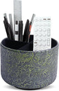 lizimandu Round Leather Art Supply Organizer,Remote Control Holder,360 Degree Spinning,Multi-Functional Pencil Holder,4 Compartments Desktop Stationary Organizer(1-Carved Metal Green2)