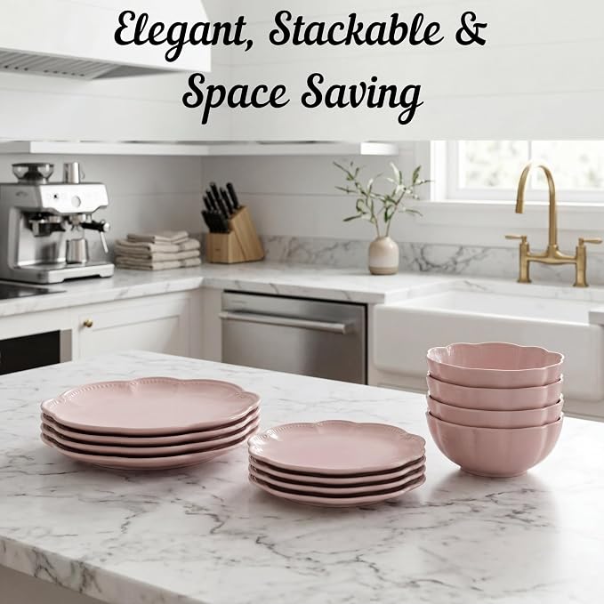 Sango 12 Pieces Scalloped Dinnerware Set, Modern Pink Dishes - Image 5