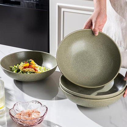 AmorArc 8.75‘’ Large Pasta Bowls, 42 ounce Deep Stoneware Bowls Set of 4 for Kitchen, Wide Bowl for Pasta/Salad/Fruit/Oatmeal/Soup, Microwave&Dishwasher Safe-Matte Olive Green