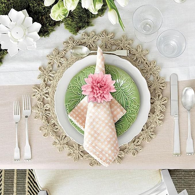 wonlex Farmhouse Flower Napkin Rings Set of 8, Faux Pink Dahlia Napkin Ring - Image 3