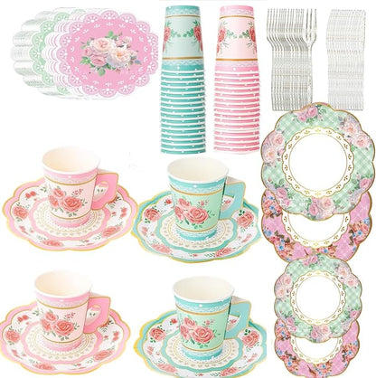 Jasni 168 Pcs Floral Paper Tea Cups and Saucers Set, Severs Disposable Tea by Jasni