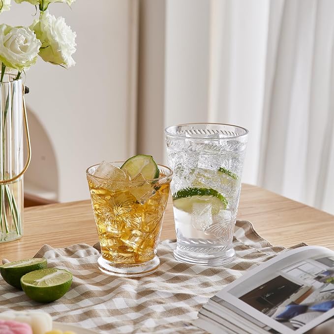 8 Pack Embossed Vintage Mixed Drinking Glasses, 12 Oz & 9 Oz Glasses | Embossed - Image 6