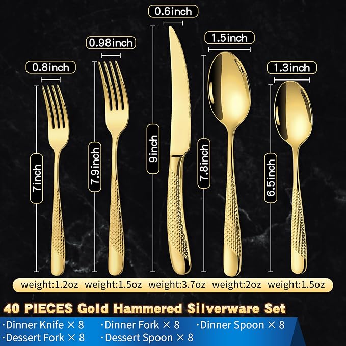 40-Piece Hammered Gold Silverware Set - Image 2