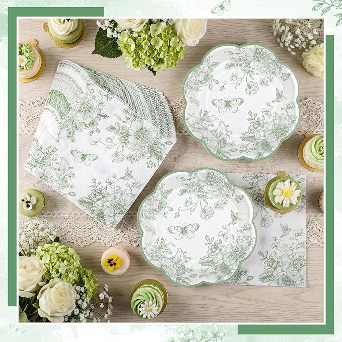 50 Pcs Sage Green Floral Plates and Napkins, Paper Floral Party Supplies | - Image 2